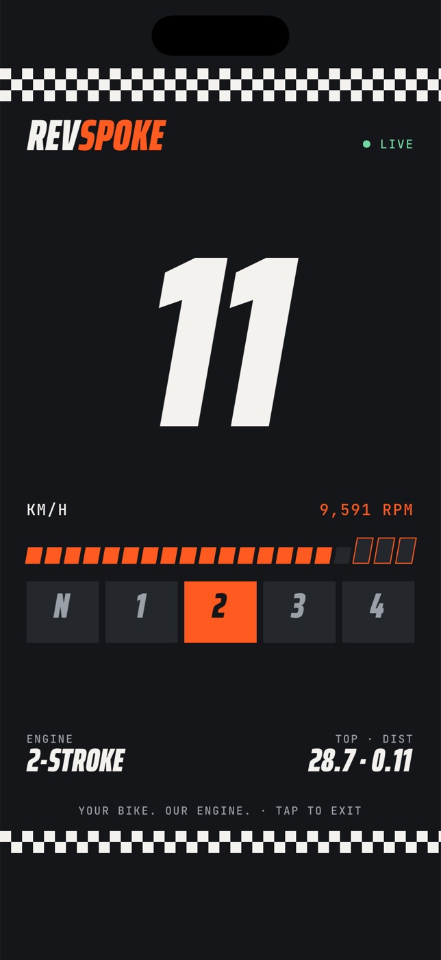 The Revspoke app's Lights out screen: 11 km/h, second gear, 9,591 rpm, 2-stroke engine.